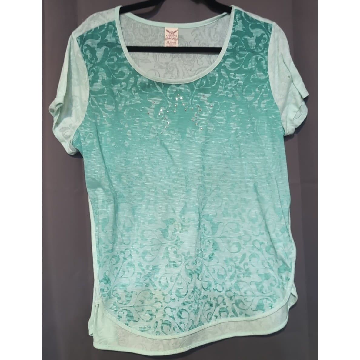 Faded Glory Opaline Green Burnout Damask Rhinestone Top, Women's XL 16-18 - Thumbnail 3
