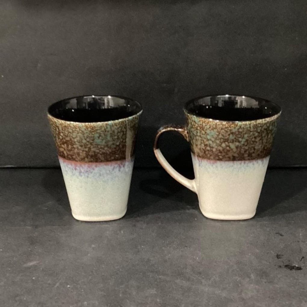 Master Cuisine Coffee Cups, Set of 2, Cream Brown Blue Stoneware Mugs, Drinkware - Thumbnail 5