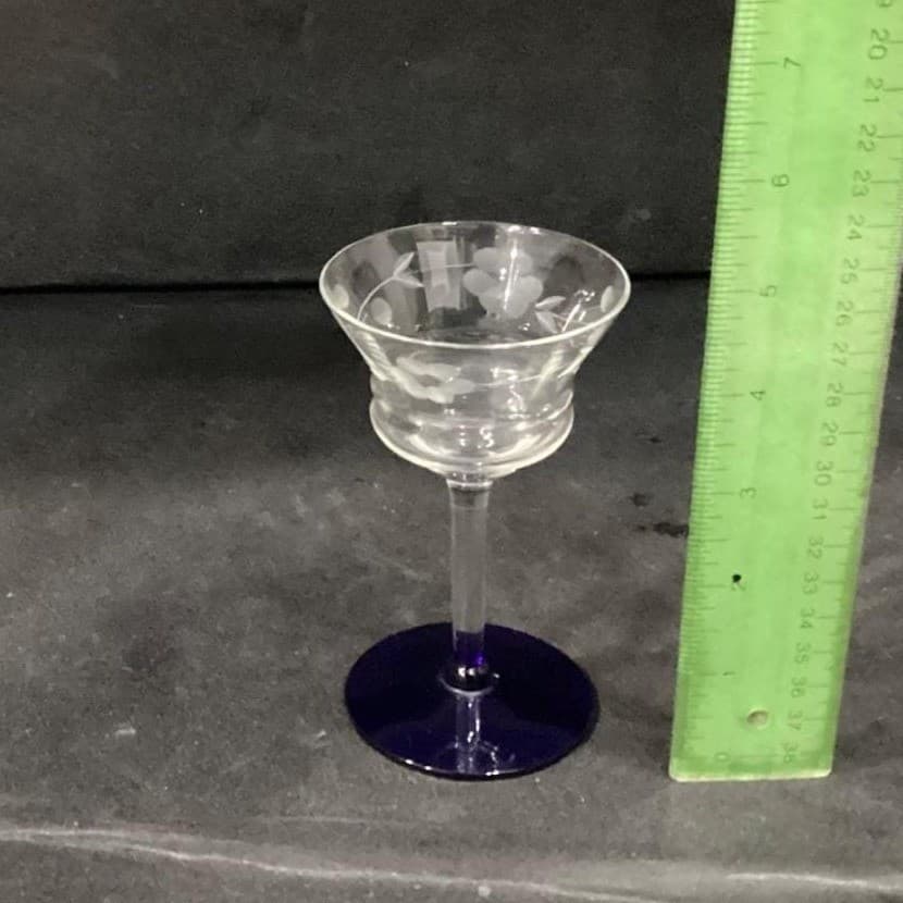 Weston Glass Style Cocktail Glasses, Set of 3 Cobalt Blue Etched Floral Stemware - Thumbnail 6