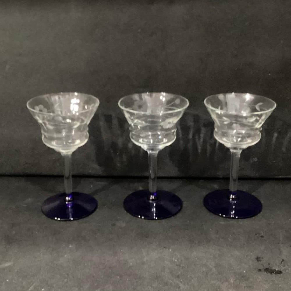 Weston Glass Style Cocktail Glasses, Set of 3 Cobalt Blue Etched Floral Stemware - Thumbnail 9