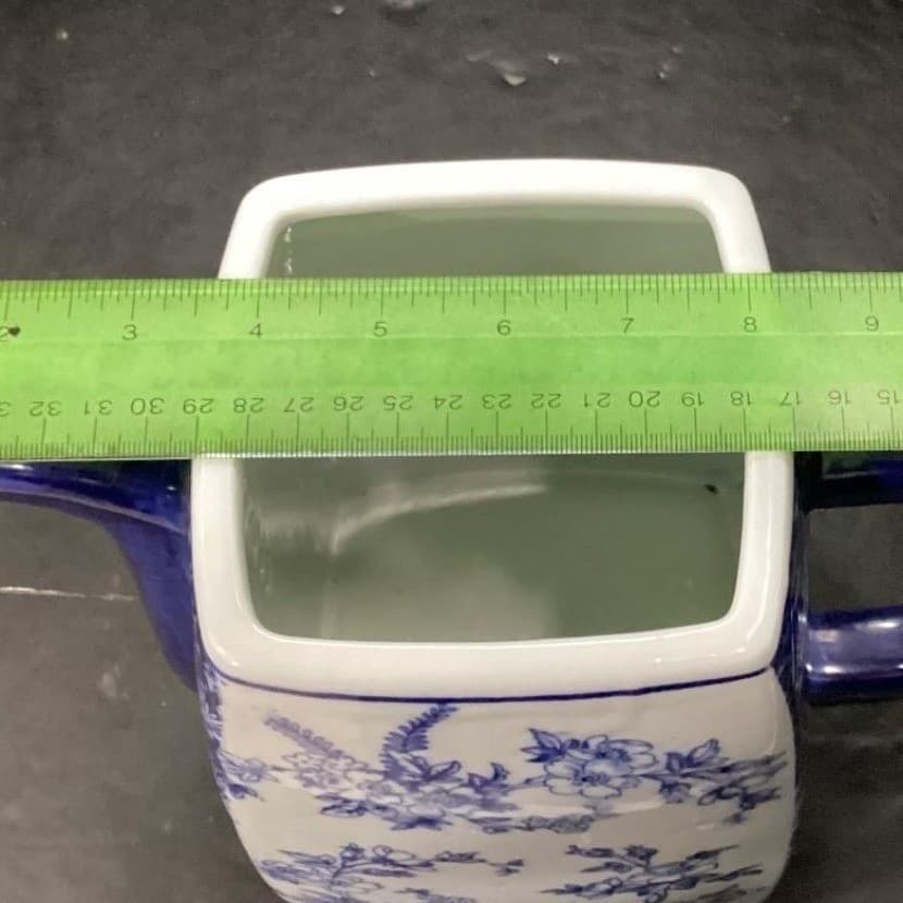 Blue & White Delft-Inspired Square Lidded Pitcher Chinoiserie Floral Ceramic Jug - Thumbnail 12