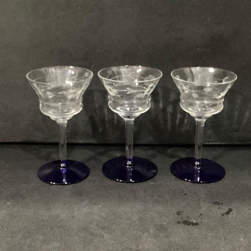 Weston Glass Style Cocktail Glasses, Set of 3 Cobalt Blue Etched Floral Stemware - Thumbnail 2