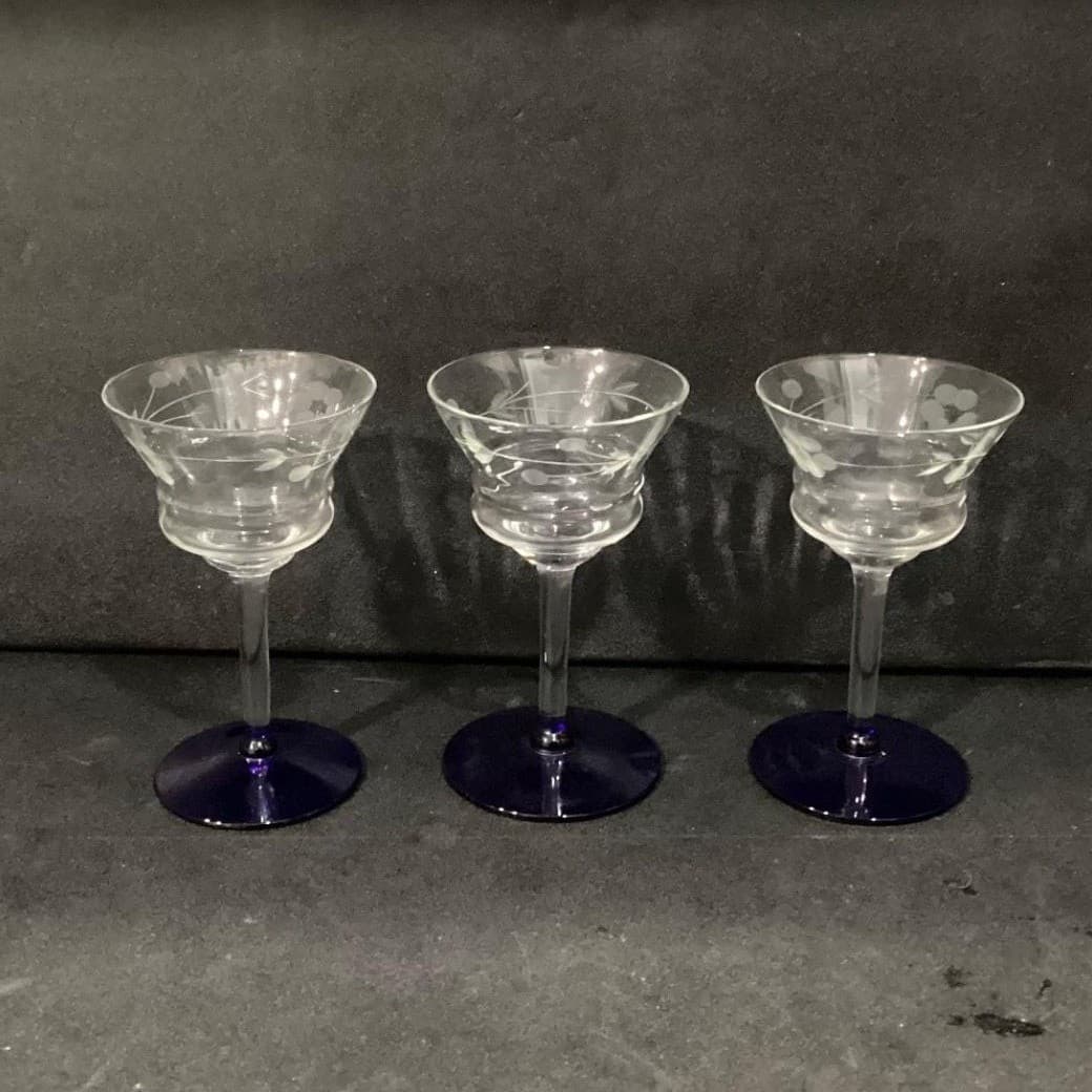 Weston Glass Style Cocktail Glasses, Set of 3 Cobalt Blue Etched Floral Stemware - Thumbnail 10