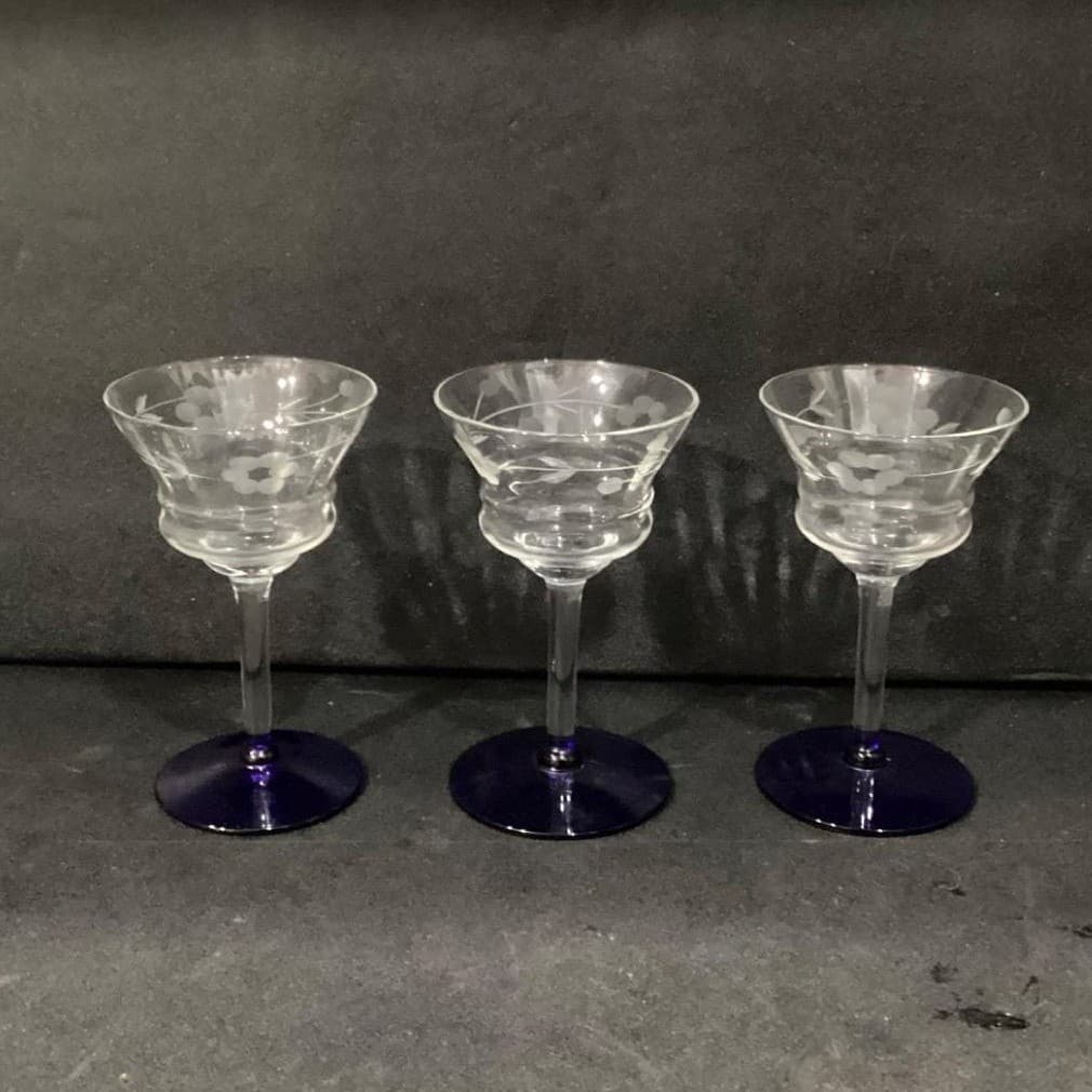 Weston Glass Style Cocktail Glasses, Set of 3 Cobalt Blue Etched Floral Stemware - Thumbnail 11