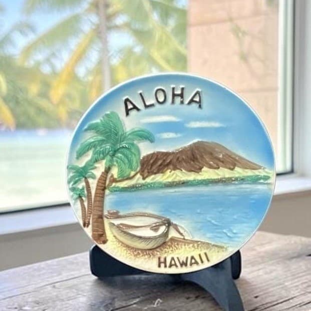 Aloha Hawaii Hand Painted Plate, Vintage 3D Embossed Design, Souvenir Keepsake
