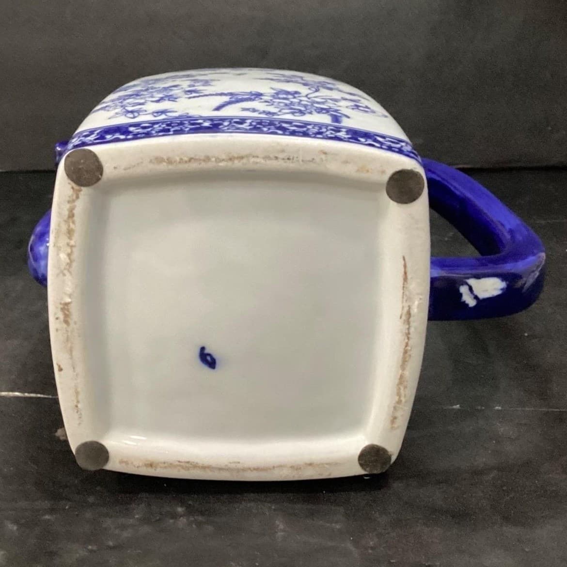 Blue & White Delft-Inspired Square Lidded Pitcher Chinoiserie Floral Ceramic Jug - Thumbnail 10