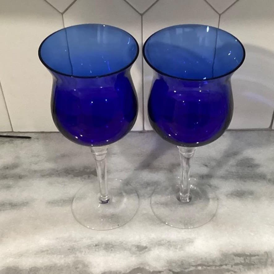 Cobalt Blue Wine Glasses, Set Of 2, Clear Base Stemware, Replacement Drinkware - Thumbnail 3