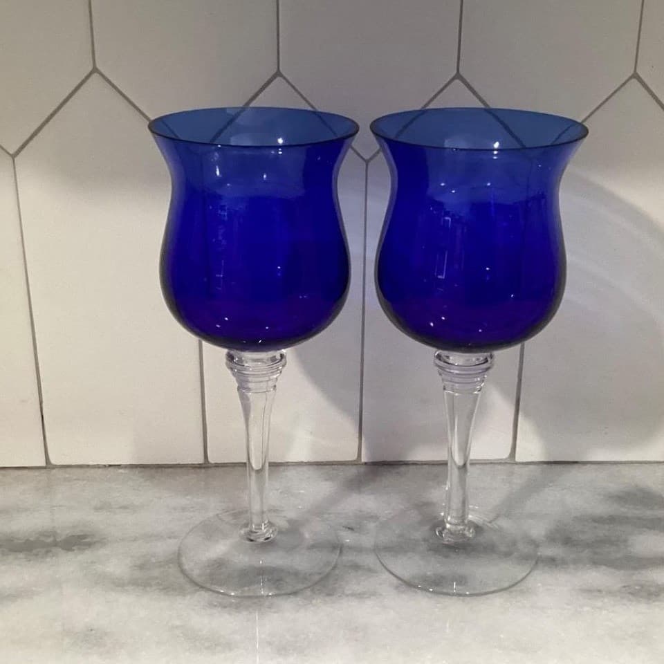 Cobalt Blue Wine Glasses, Set Of 2, Clear Base Stemware, Replacement Drinkware - Thumbnail 9