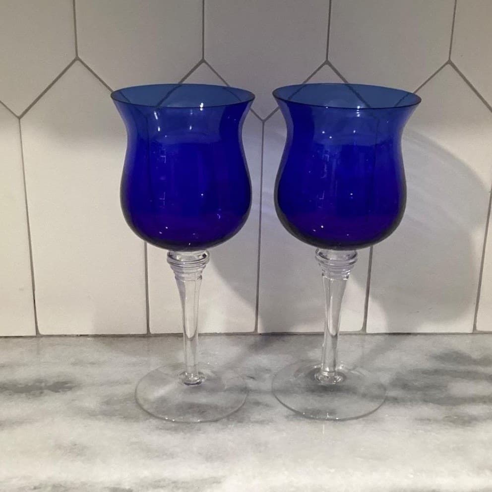 Cobalt Blue Wine Glasses, Set Of 2, Clear Base Stemware, Replacement Drinkware - Thumbnail 11
