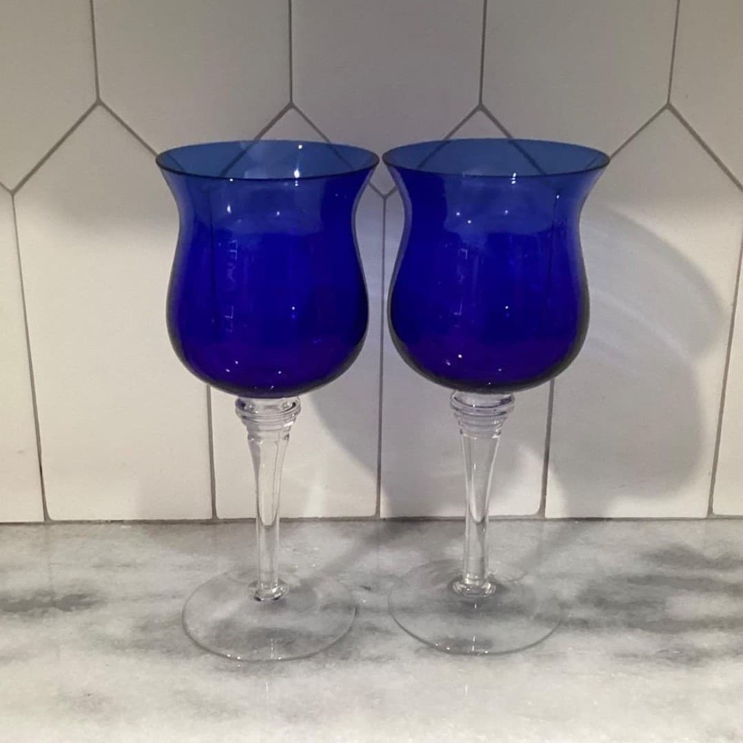 Cobalt Blue Wine Glasses, Set Of 2, Clear Base Stemware, Replacement Drinkware - Thumbnail 8