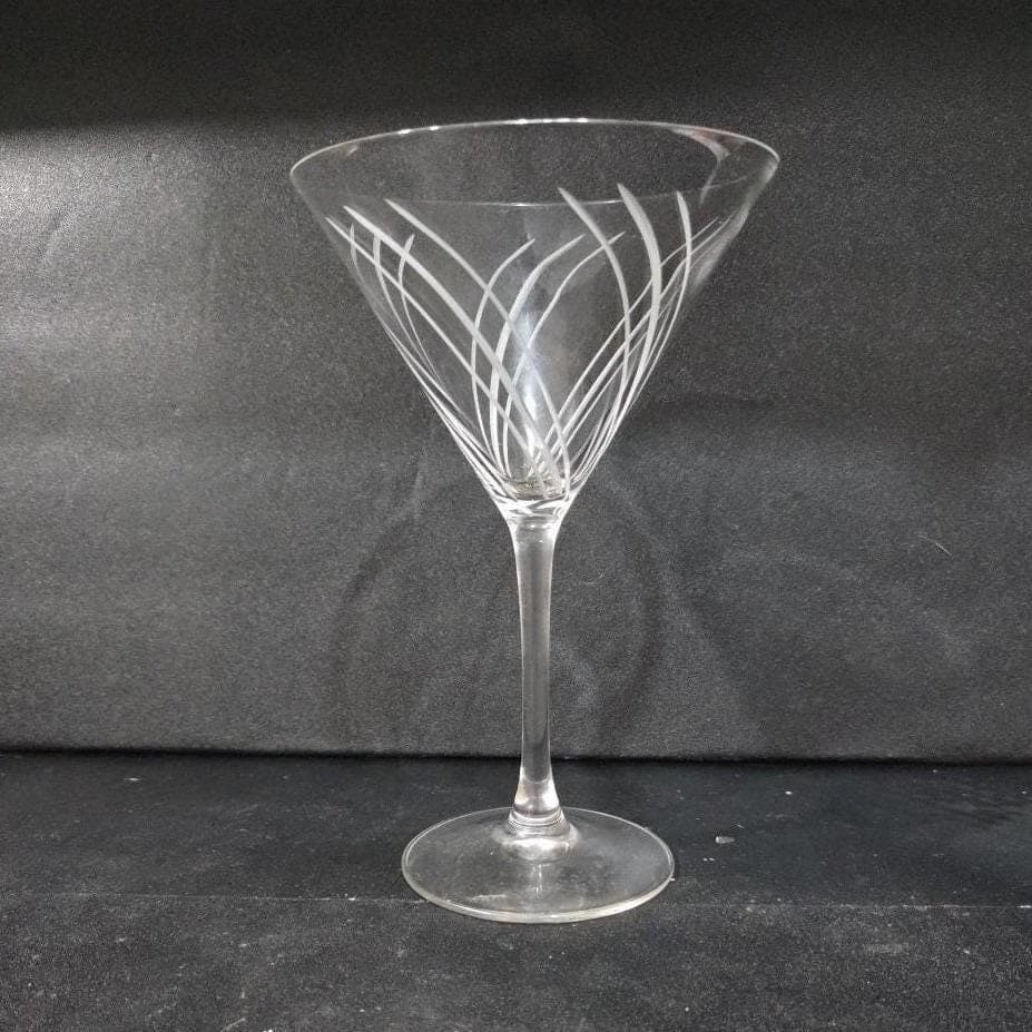 Etched Swirl Martini Glass, Clear Pressed Cocktail Stemware, Mid Century Barware - Thumbnail 8