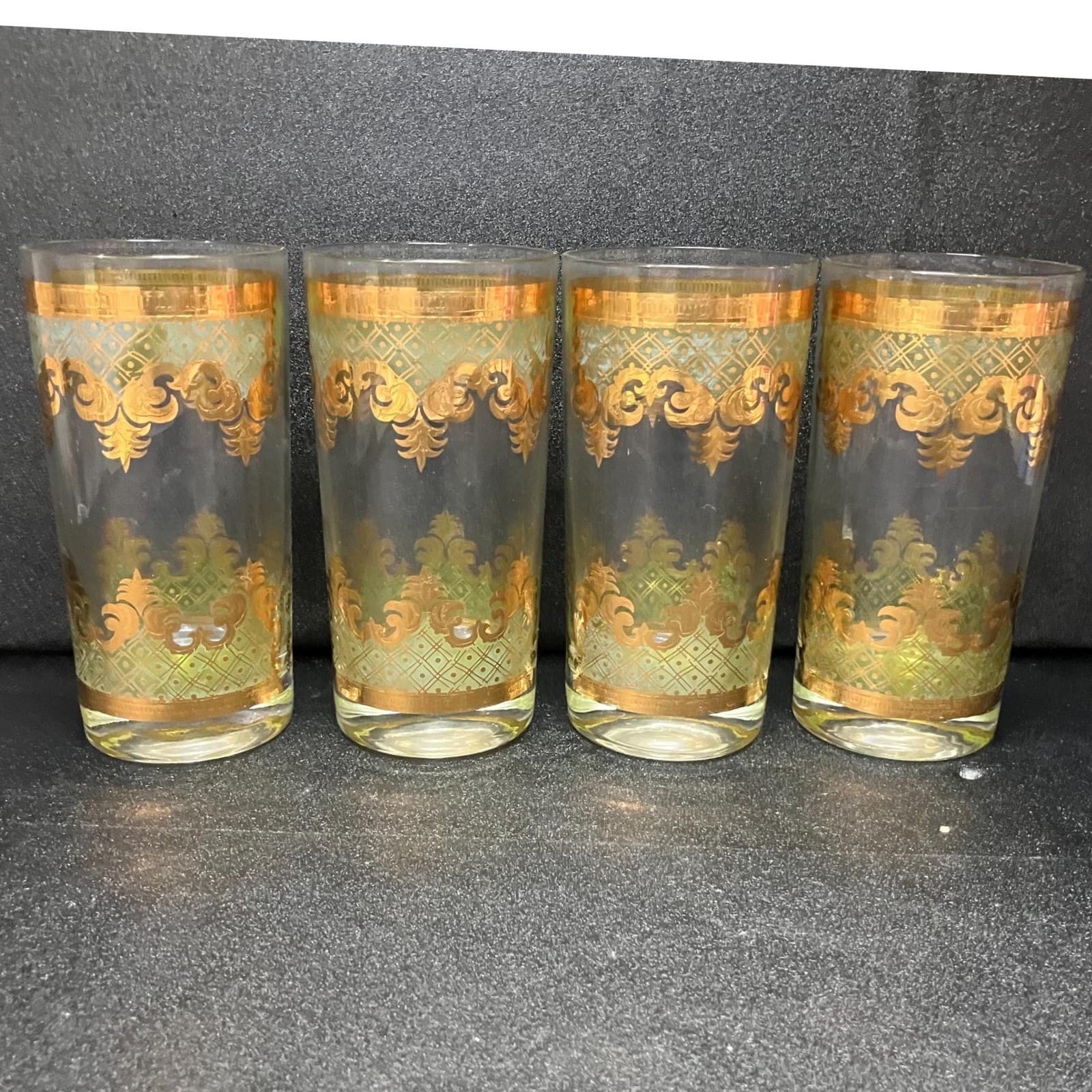 Georges Briard Signed Carrara Highball Glasses, Set of 4, Gold & Green Tumblers - Thumbnail 3
