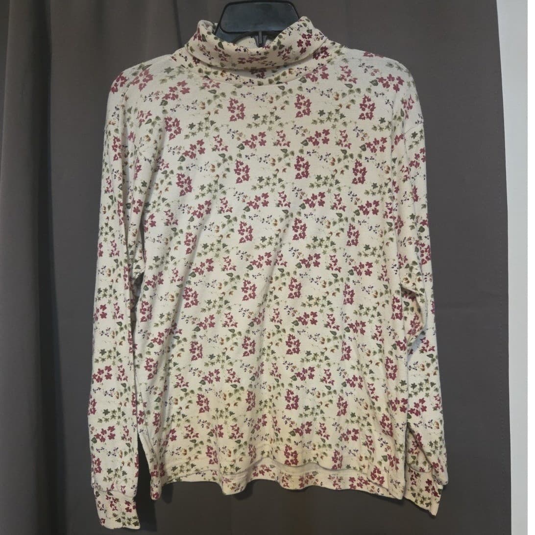 Jason Vintage Floral Ivy Print Turtleneck, Woman's Small Top, Cream Burgundy - Thumbnail 3