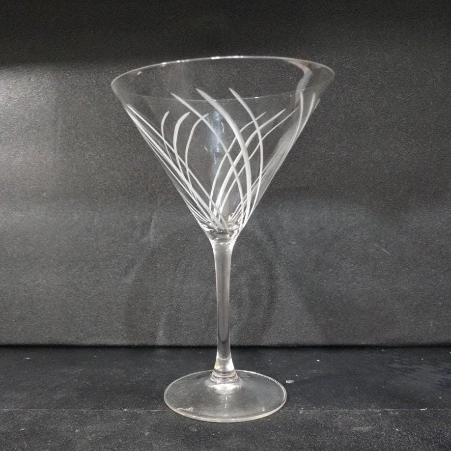 Etched Swirl Martini Glass, Clear Pressed Cocktail Stemware, Mid Century Barware - Thumbnail 9