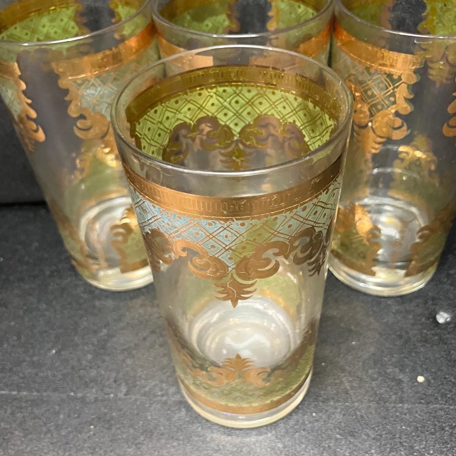 Georges Briard Signed Carrara Highball Glasses, Set of 4, Gold & Green Tumblers - Thumbnail 7