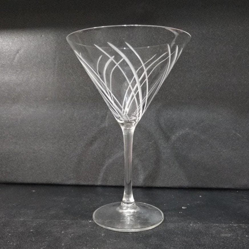 Etched Swirl Martini Glass, Clear Pressed Cocktail Stemware, Mid Century Barware - Thumbnail 7