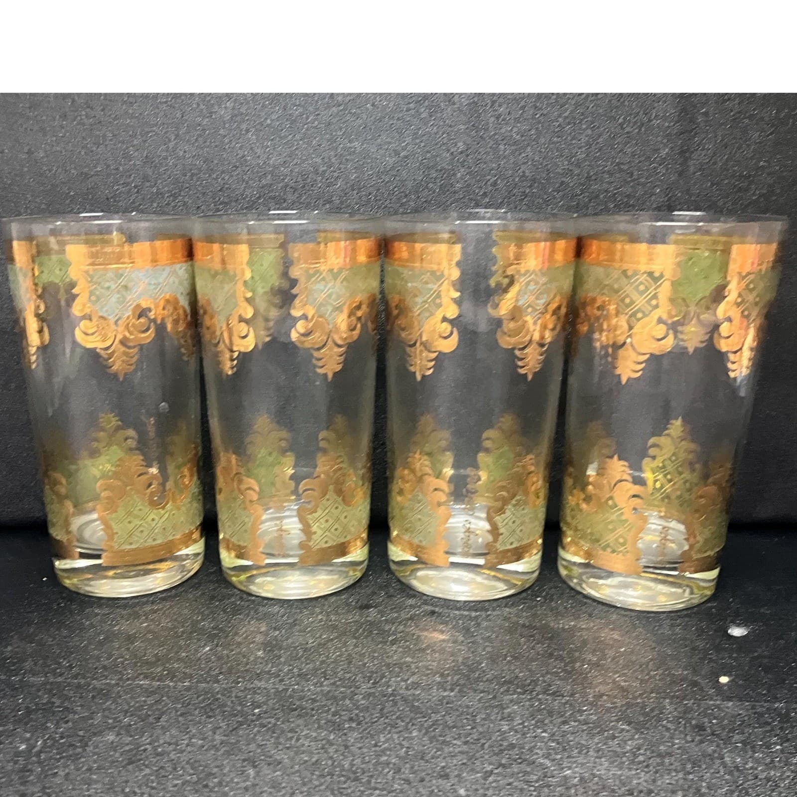 Georges Briard Signed Carrara Highball Glasses, Set of 4, Gold & Green Tumblers - Thumbnail 4
