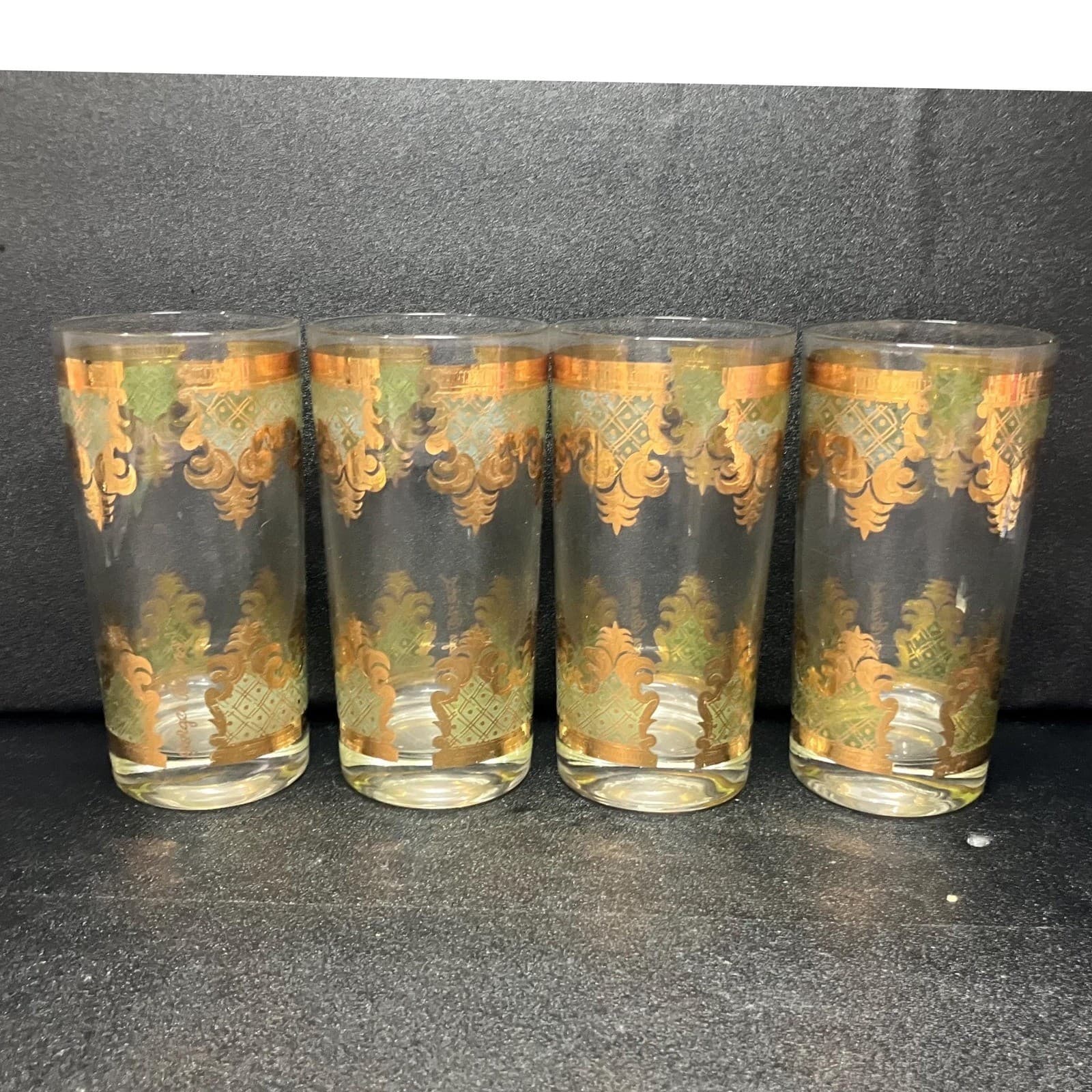 Georges Briard Signed Carrara Highball Glasses, Set of 4, Gold & Green Tumblers - Thumbnail 2