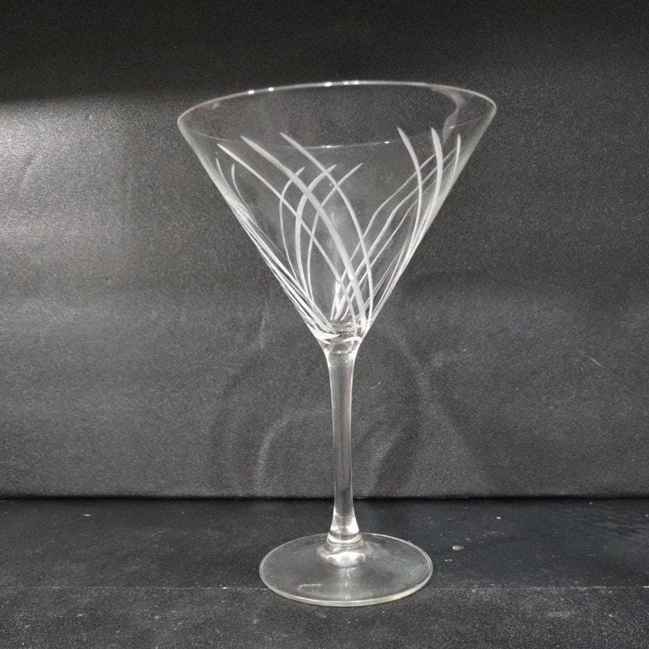 Etched Swirl Martini Glass, Clear Pressed Cocktail Stemware, Mid Century Barware - Thumbnail 10