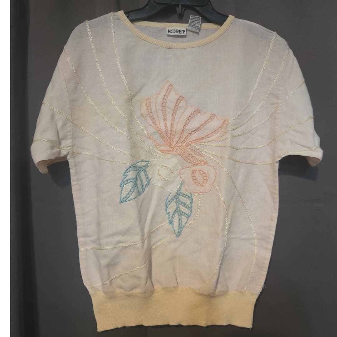 Koret Vintage Pastel Embroidered Butterfly Floral Ramie Top, Woman's Small - Thumbnail 3