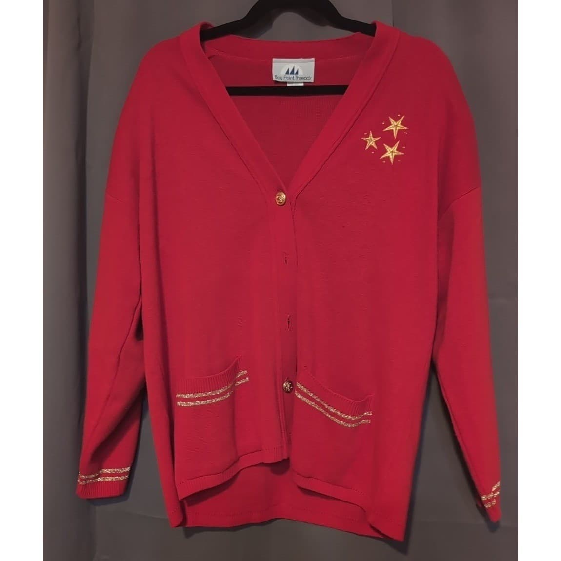 Bay Point Threads Red Star Embroidered Cardigan, Gold Buttons, Vtg Women's Large - Thumbnail 3