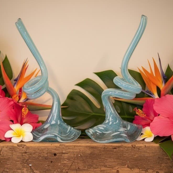 Art Glass Tropical Flowers, Set of 2, Clear Blue White Flecks, Curled Stem