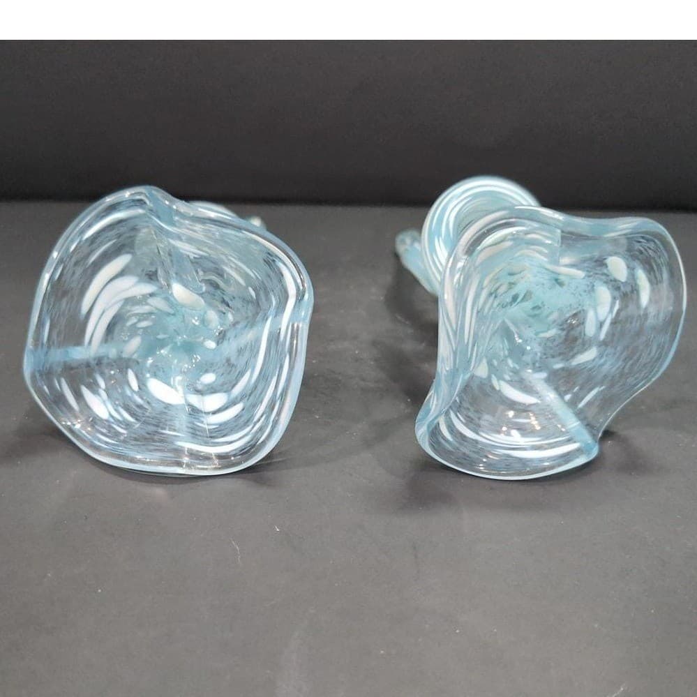 Art Glass Tropical Flowers, Set of 2, Clear Blue White Flecks, Curled Stem - Thumbnail 6