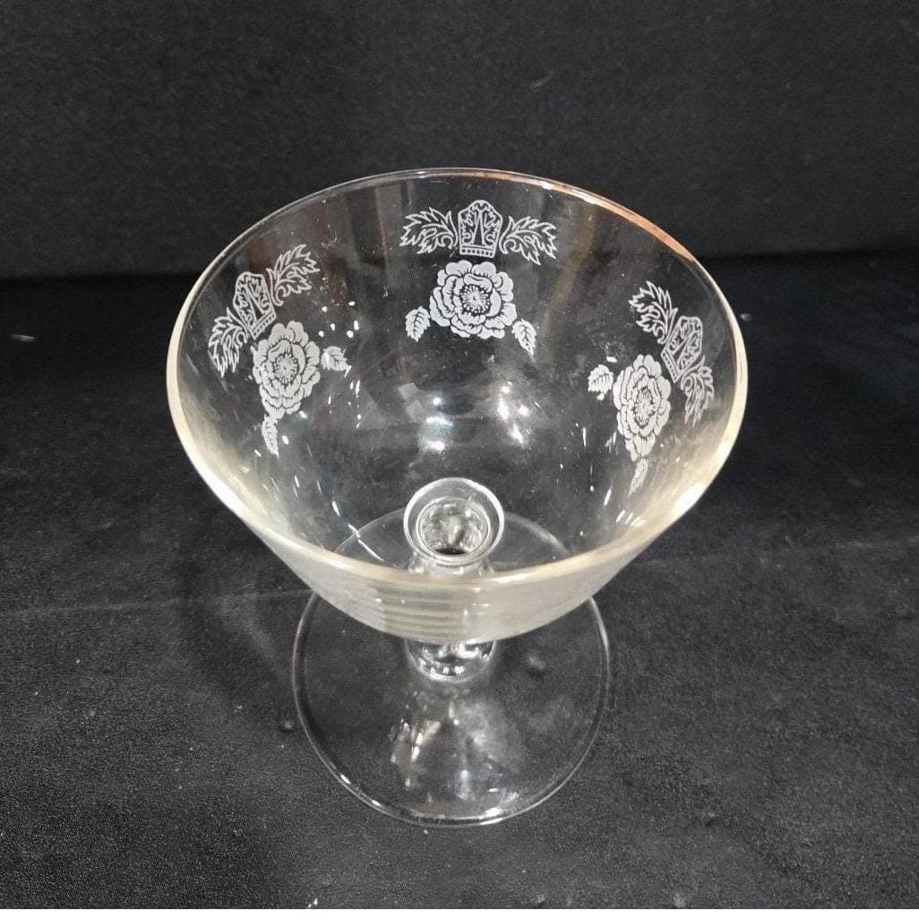 Etched Rose Sherbet Coupe, Vintage Floral Cocktail Glass, Clear Pressed Stemware - Thumbnail 6