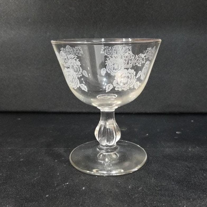 Etched Rose Sherbet Coupe, Vintage Floral Cocktail Glass, Clear Pressed Stemware - Thumbnail 10