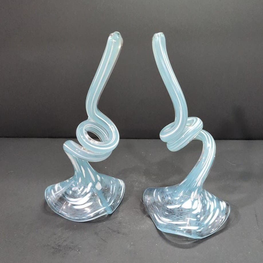 Art Glass Tropical Flowers, Set of 2, Clear Blue White Flecks, Curled Stem - Thumbnail 4