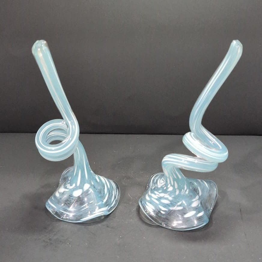 Art Glass Tropical Flowers, Set of 2, Clear Blue White Flecks, Curled Stem - Thumbnail 5