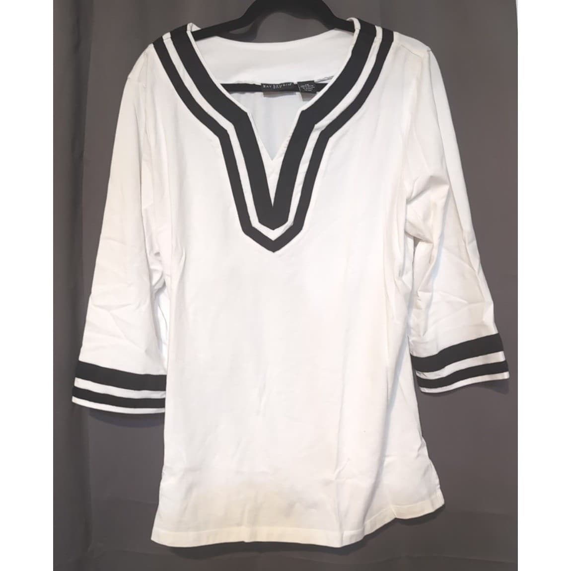 Bay Studio Plus White Black Striped V-Neck, 3/4 Sleeve Top, Women's 1X Tunic - Thumbnail 3