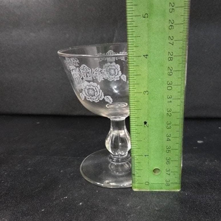Etched Rose Sherbet Coupe, Vintage Floral Cocktail Glass, Clear Pressed Stemware - Thumbnail 2