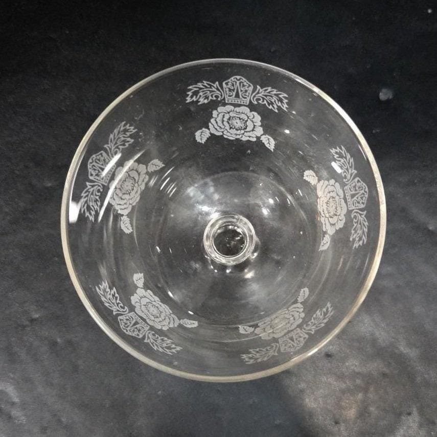 Etched Rose Sherbet Coupe, Vintage Floral Cocktail Glass, Clear Pressed Stemware - Thumbnail 5