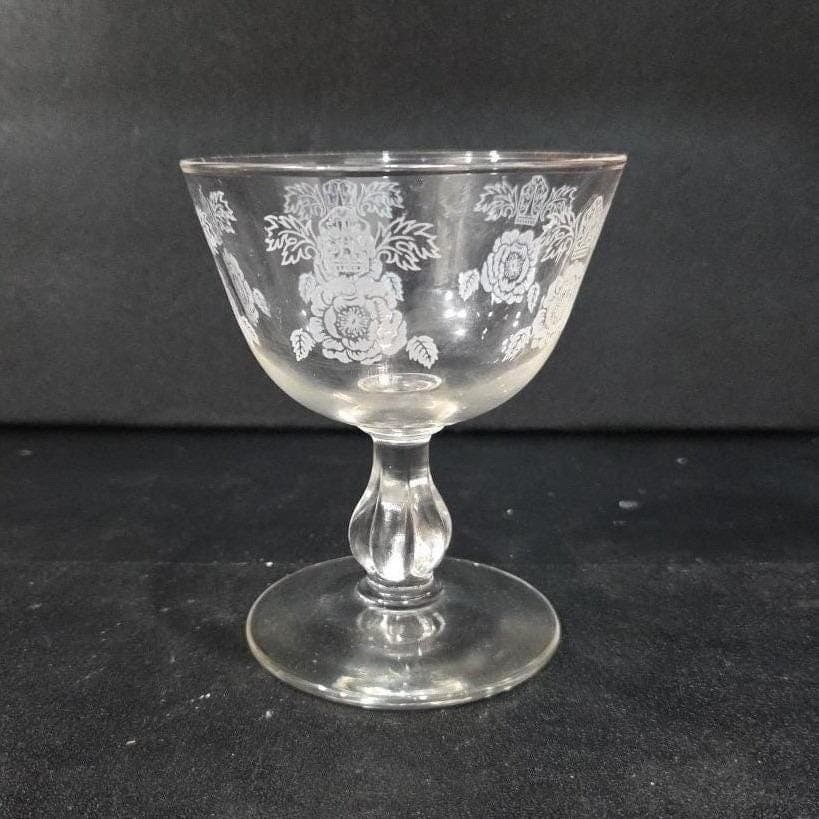 Etched Rose Sherbet Coupe, Vintage Floral Cocktail Glass, Clear Pressed Stemware - Thumbnail 7
