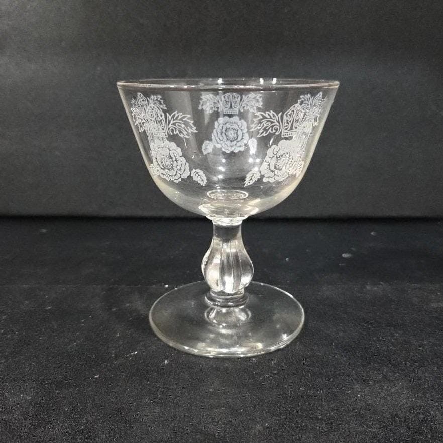Etched Rose Sherbet Coupe, Vintage Floral Cocktail Glass, Clear Pressed Stemware - Thumbnail 8
