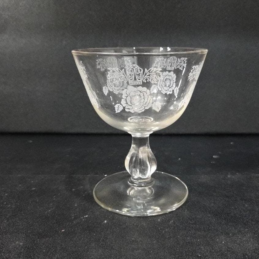 Etched Rose Sherbet Coupe, Vintage Floral Cocktail Glass, Clear Pressed Stemware - Thumbnail 9