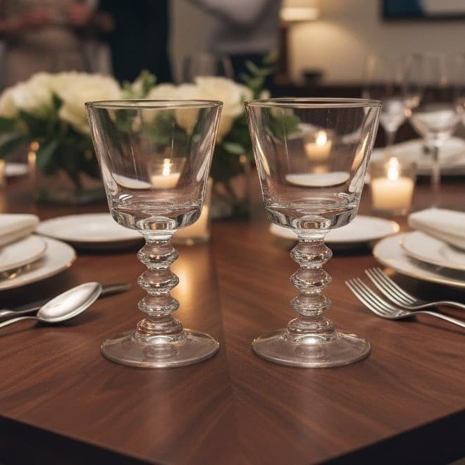 Wafer Stem Wine Goblets Set of 2, Vintage Pressed Glass, Mid-Century Stemware