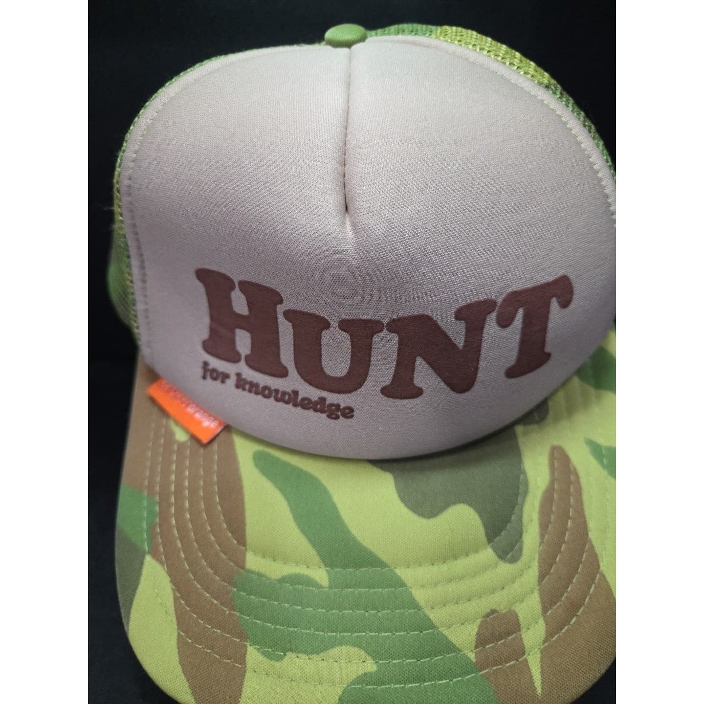 HUNT For Knowledge Trucker Hat, Camo Mesh Snapback Cap, Green Tan Vintage Style - Thumbnail 5