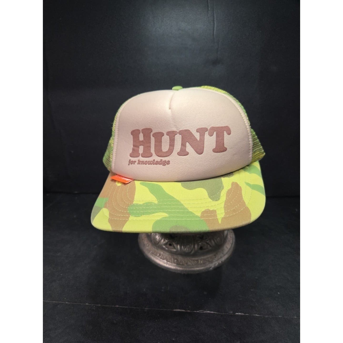 HUNT For Knowledge Trucker Hat, Camo Mesh Snapback Cap, Green Tan Vintage Style