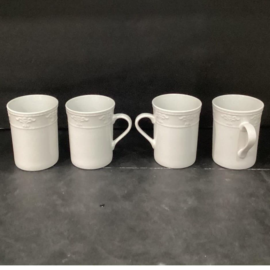 JCPenny Home White Coffee Cups, Set of 4, Vintage Inspired Patterned Mugs - Thumbnail 2
