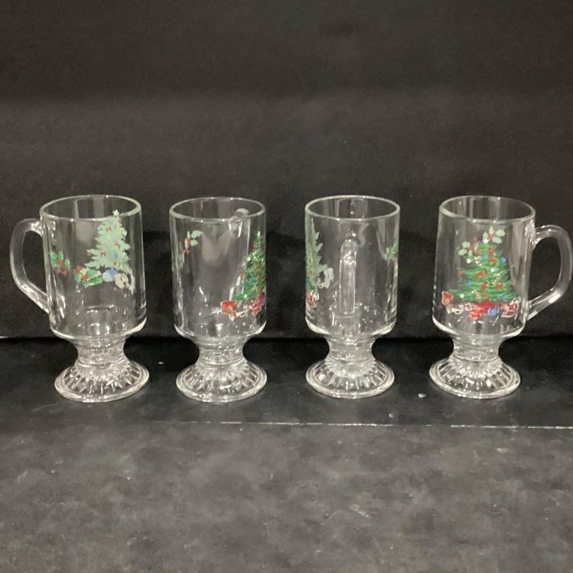 Tienshan Christmas Tree Irish Coffee Mugs, Set of 4, Vintage Footed Glassware - Thumbnail 3