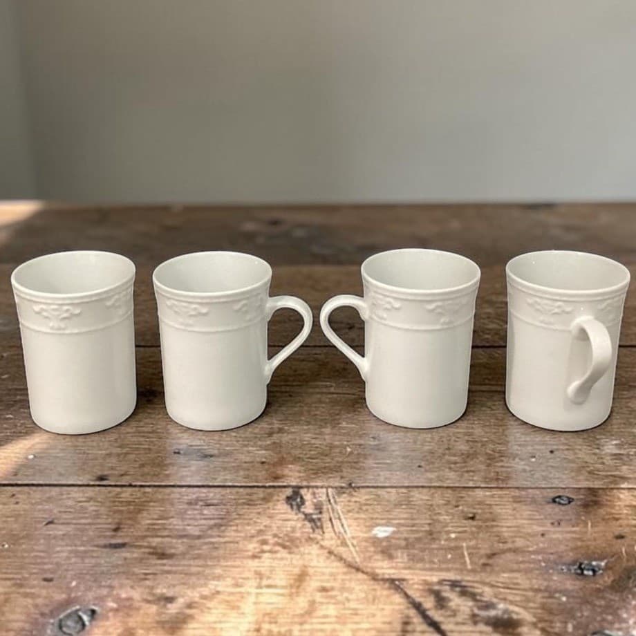 JCPenny Home White Coffee Cups, Set of 4, Vintage Inspired Patterned Mugs