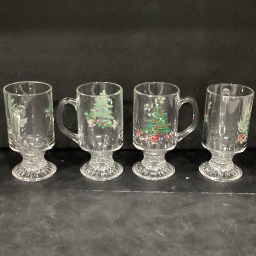 Tienshan Christmas Tree Irish Coffee Mugs, Set of 4, Vintage Footed Glassware - Thumbnail 4