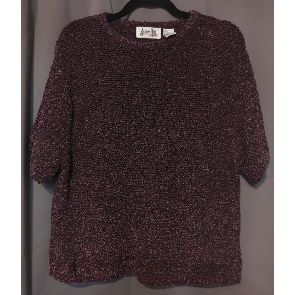 Ashley Hill Burgundy Plum Short Sleeve Knit Sweater, Ramie Blend, Women's Large - Thumbnail 3