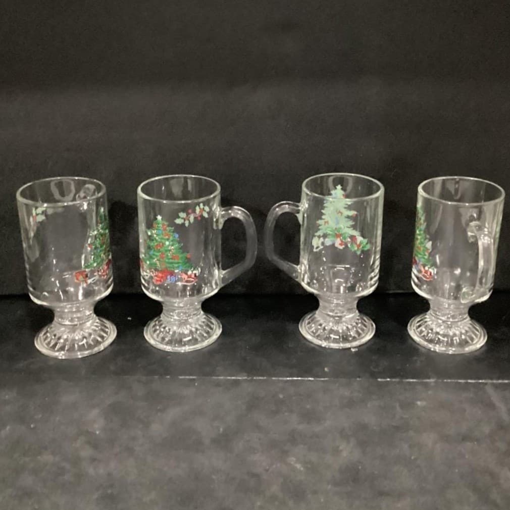 Tienshan Christmas Tree Irish Coffee Mugs, Set of 4, Vintage Footed Glassware - Thumbnail 2