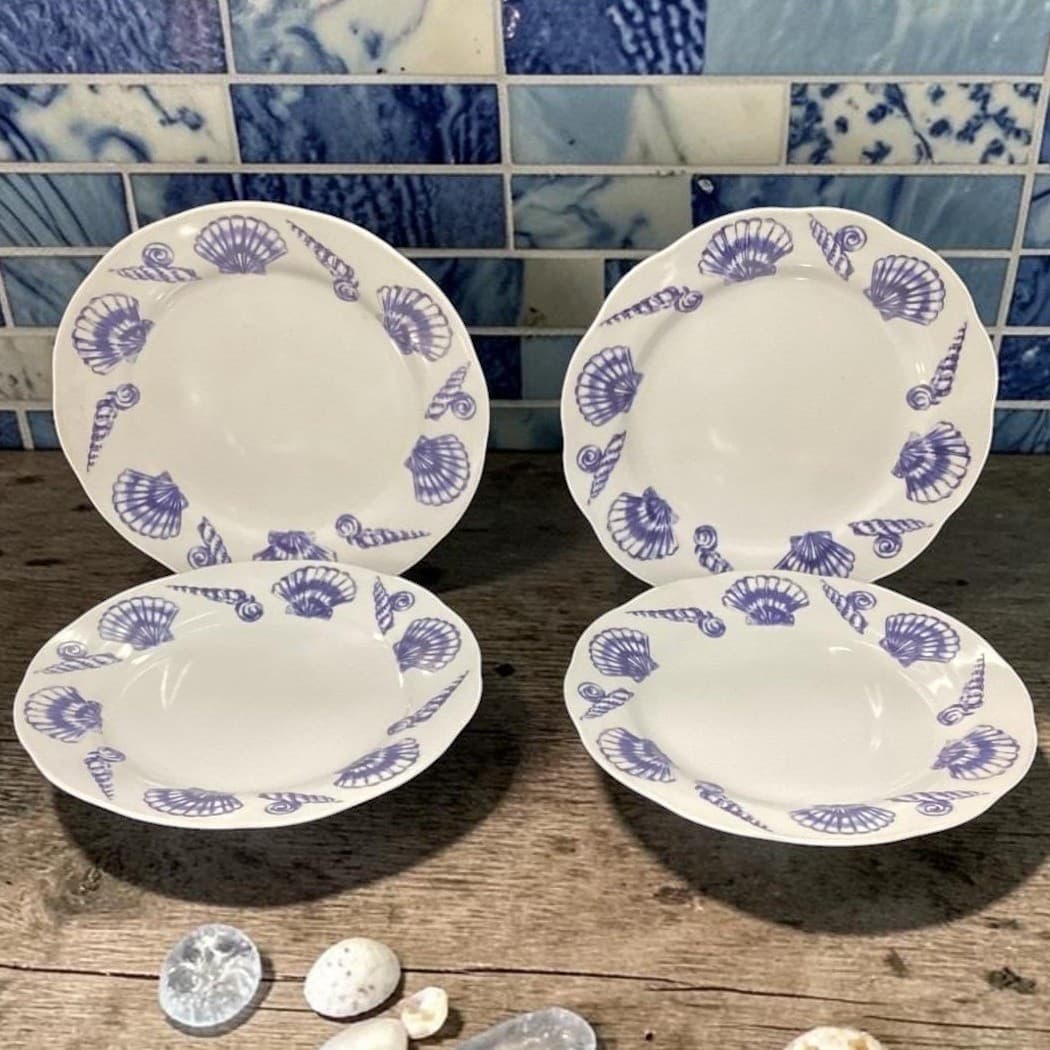 Allied Designs Seashore Luncheon Plates, Set of 4, Vintage Blue & White Design
