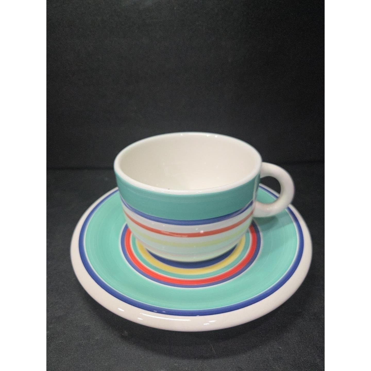 Pier 1 Turquoise Hand Painted Bright Striped Coffee Mug & Saucer, Kitchen Decor - Thumbnail 5