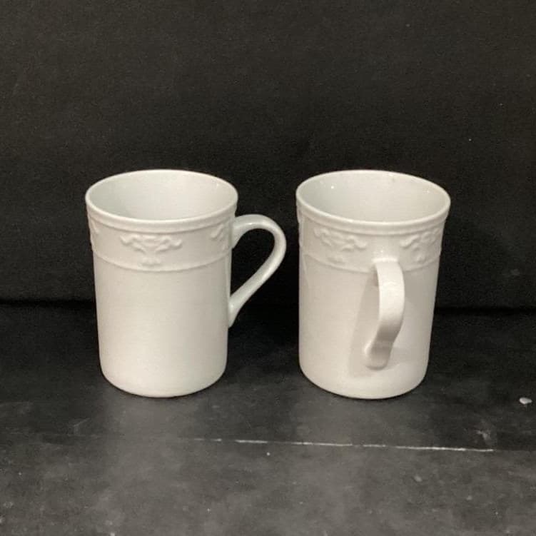 JCPenny Home White Coffee Cups, Set of 2, Vintage Inspired Patterned Mugs - Thumbnail 2