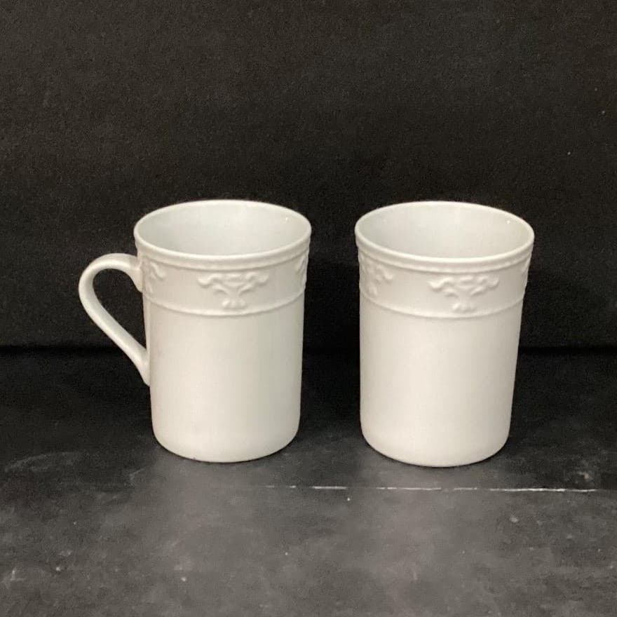 JCPenny Home White Coffee Cups, Set of 2, Vintage Inspired Patterned Mugs - Thumbnail 4